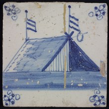 Scene tile, blue with tent with two flags, corner pattern spider, wall tile tile sculpture ceramic earthenware glaze, baked 2x