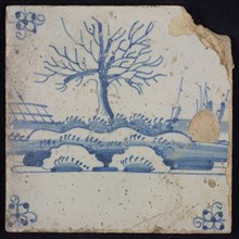 Scene tile, blue with landscape with bare tree, sailing ships in the background, corner pattern spider, wall tile tile sculpture