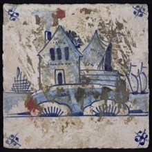 Scene tile, blue with landscape with house and sailing ship, sailing ships in the background, corner motif spider, wall tile