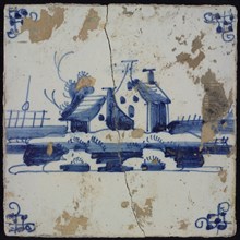 Scene tile, blue with landscape with two houses, corner motif spider, wall tile tile sculpture ceramic earthenware glaze, baked