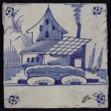 Scene tile, blue with landscape with barn with smoking chimney, corner motif spider, wall tile tile sculpture ceramic