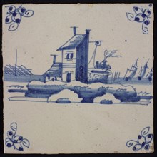 Scene tile, blue with landscape with square tower with well, corner motif spider, wall tile tile sculpture ceramic earthenware