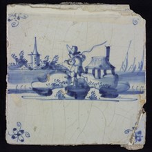 Scene tile, blue with landscape with fisherman with rod and knapsack, in the background church, house and ships, corner motif