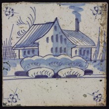Scene tile, blue with landscape with building or shed, corner motif spider, wall tile tile sculpture ceramic earthenware glaze