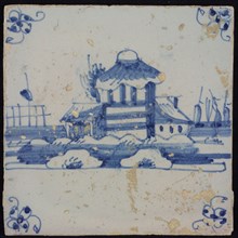 Scene tile, blue with landscape with hay barn ?, corner pattern spider, wall tile tile sculpture ceramic earthenware glaze