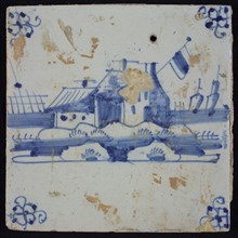 Scene tile, blue with landscape with house with flag, corner motif spider, wall tile tile sculpture ceramic earthenware glaze