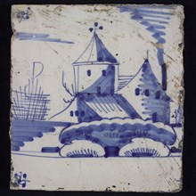 Scene tile, blue with landscape with building with round tower, corner motif spider, wall tile tile sculpture ceramic