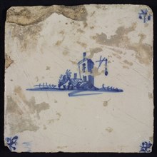 Scene tile, blue with sketch of square tower with fire beacon, corner pattern spider, wall tile tile sculpture ceramic
