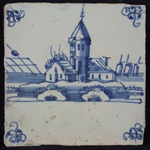 Scene tile, blue with landscape with church with high pointed tower, corner pattern spider, wall tile tile sculpture ceramic