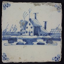 Scene tile, blue with landscape with house with shed, corner motif spider, wall tile tile sculpture ceramic earthenware glaze