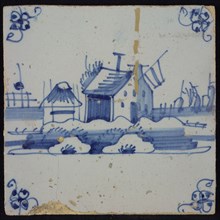 Scene tile, blue with landscape with house with flag and haystack, corner motif spider, wall tile tile sculpture ceramic