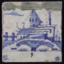 Scene tile, blue with landscape with house with shed, corner design spider, wall tile tile sculpture ceramic earthenware glaze