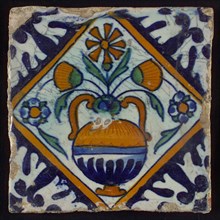 Flower tile, flowerpot in square, corner pattern palmet, wall tile tile sculpture ceramic earthenware enamel, baked 2x glazed