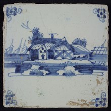 Scene tile, blue with landscape with house with barn and haystack, corner motif spider, wall tile tile sculpture ceramic
