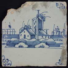 Scene tile, blue with landscape with house and tower, corner pattern spider, wall tile tile sculpture ceramic earthenware glaze