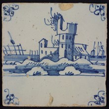 Scene tile, blue with landscape with castle ruin, corner pattern spider, wall tile tile sculpture ceramic earthenware glaze