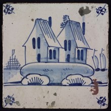 Scene tile, blue with landscape with two identical houses, corner motif spider, wall tile tile sculpture ceramic earthenware