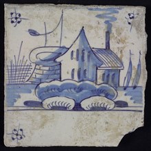 Scene tile, blue with landscape with house with well, corner motif spider, wall tile tile sculpture ceramic earthenware glaze