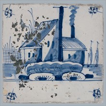 Scene tile, blue with landscape with house and barn with smoking chimney, corner motif spider, wall tile tile sculpture ceramic