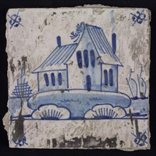 Scene tile, blue with landscape with house and barn, corner motif spider, wall tile tile sculpture ceramic earthenware glaze