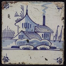 Scene tile, blue with landscape with house with tower, corner pattern spider, wall tile tile sculpture ceramic earthenware glaze