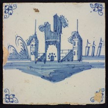 Scene tile, blue with landscape with castle ruin, corner pattern spider, wall tile tile sculpture ceramic earthenware glaze