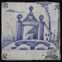 Scene tile, blue with landscape with gate with columns and tympanum, behind it house, corner motif spider, wall tile