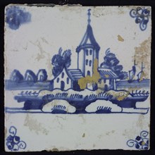 Scene tile, blue with landscape with church with pointed tower, corner pattern spider, wall tile tile sculpture ceramic