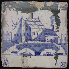 Scene tile, blue with landscape with house and barn, corner motif spider, wall tile tile sculpture ceramic earthenware glaze