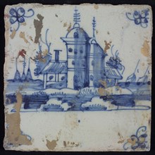 Scene tile, blue with landscape with castle with dome towers, corner pattern spider, wall tile tile sculpture ceramic