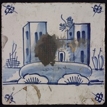 Scene tile, blue with landscape with castle with square towers, corner pattern spider, wall tile tile sculpture ceramic
