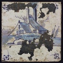Scene tile, blue with landscape with house with high chimney, corner motif spider, wall tile tile sculpture ceramic earthenware