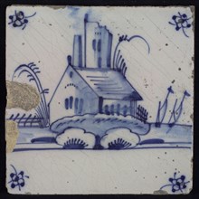 Scene tile, blue with landscape with house with behind it ruin tower, corner motif spider, wall tile tile sculpture ceramic