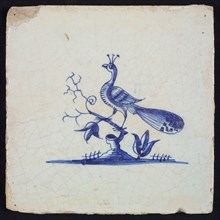 Animal tile, bird on branch on the ground to the left, blue on white, no corner pattern, wall tile tile sculpture ceramic