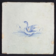 Animal tile, bird in water to the left, blue on white, no corner pattern, wall tile tile sculpture ceramic earthenware glaze