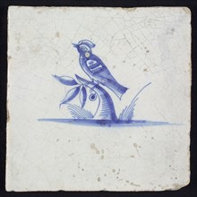 Animal tile, bird on branch to the left, in blue on white, without corner motif, wall tile tile sculpture ceramic earthenware