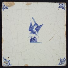Animal tile, bird, in blue on white, corner pattern ox head, wall tile tile sculpture ceramic earthenware glaze, baked 2x glazed
