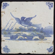 Animal tile, flying bird to the left above running water, in the background vegetation and ships in blue on white, corner