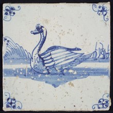 Animal tile, swimming swan to the left in running water, in the background vegetation and ships, in blue on white, corner motif