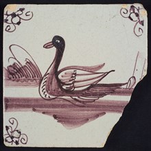 Animal tile, swimming swan to the left in running water, in the background vegetation and ships, in purple on white, corner