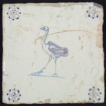 Animal tile, ostrich with left, in purple and blue on white, corner motif spider, wall tile tile sculpture ceramic earthenware