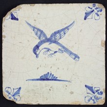 Animal tile, flying bird above water to the left, in blue on white, corner pattern French lily, wall tile tile sculpture ceramic