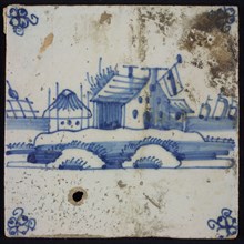 Scene tile, blue with landscape with house with flag and haystack, corner motif spider, wall tile tile sculpture ceramic