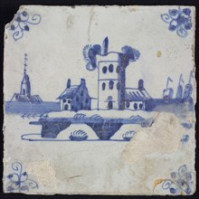 Scene tile, blue with landscape with houses and tower ruin, corner motif spider, wall tile tile sculpture ceramic earthenware