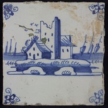 Scene tile, blue with landscape with houses and tower ruin, corner motif spider, wall tile tile sculpture ceramic earthenware