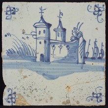 Scene tile, blue with landscape with castle with round pointed towers, corner pattern spider, wall tile tile sculpture ceramic