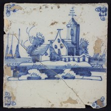 Scene tile, blue with landscape with church tower and houses, corner motif spider, wall tile tile sculpture ceramic earthenware