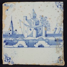 Scene tile, blue with landscape with fortress, in the background church, corner motif spider, wall tile tile sculpture ceramic