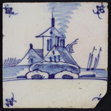 Scene tile, blue with landscape with houses and tower, corner motif spider, wall tile tile sculpture ceramic earthenware glaze