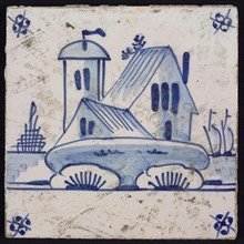 Scene tile, blue with landscape with houses and dome tower, corner motif spider, wall tile tile sculpture ceramic earthenware